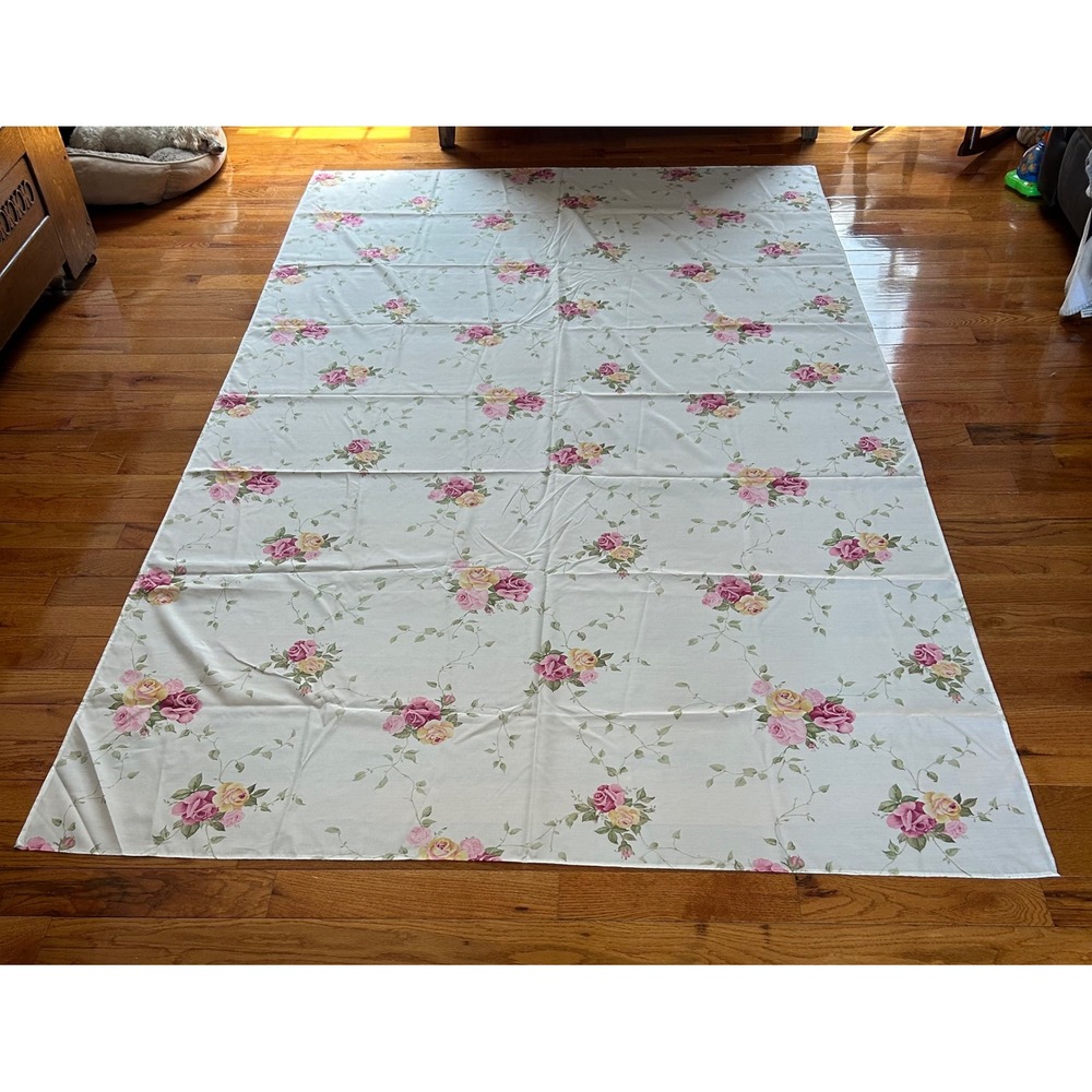Vintage Floral Rose Pink Yellow shabby chic cottage core tablecloth 60" x 100"